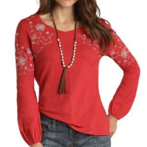 Panhandle Women's Embroidered Long Sleeve Top, Red, Size Large